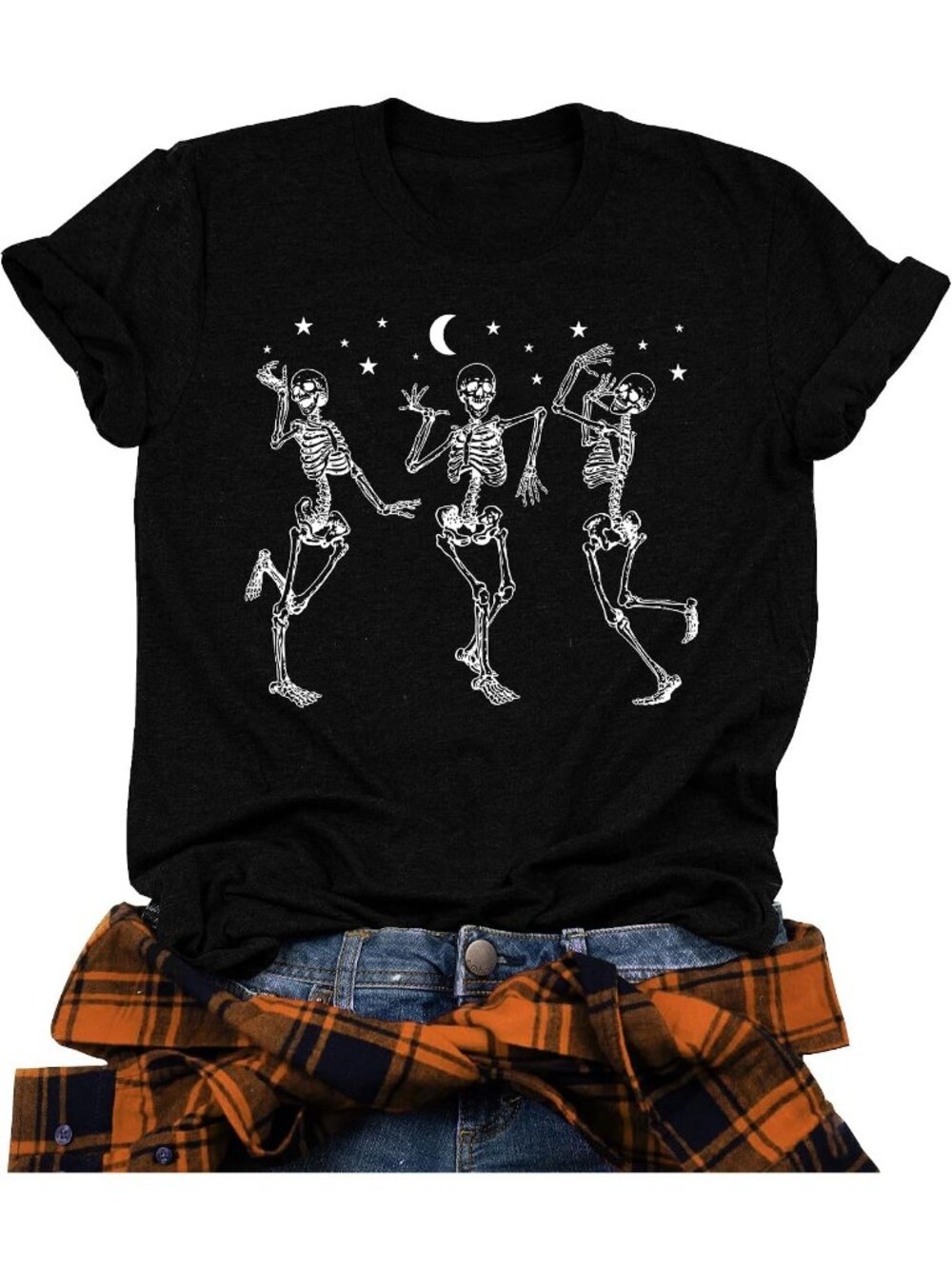 🆕 Women's Black Dancing Skeleton Moon Stars Halloween Graphic Tee